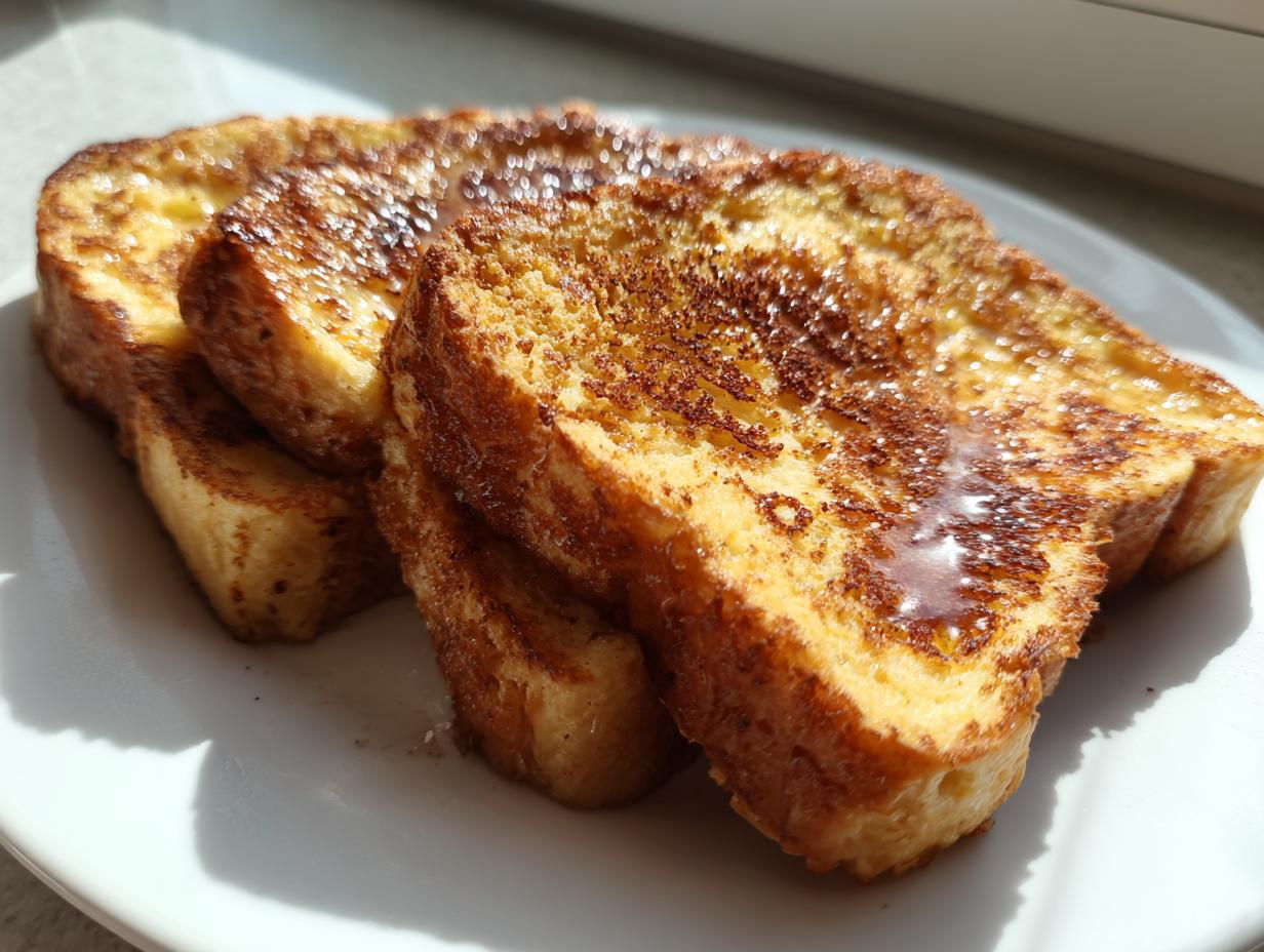 Close-up of golden brown, syrup-drizzled slices of easy french toast stacked on a white plate.