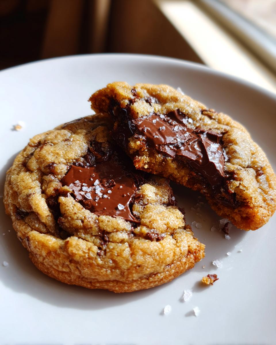 Close-up of a freshly baked chocolate chip cookie broken open, revealing melted chocolate and sea salt.