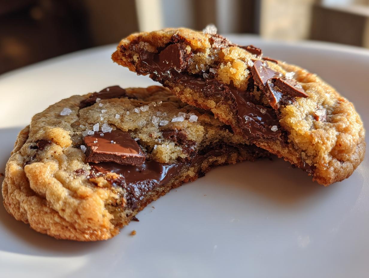 Close-up of a gooey chocolate chip cookie broken in half, showing melted chocolate and sea salt flakes.