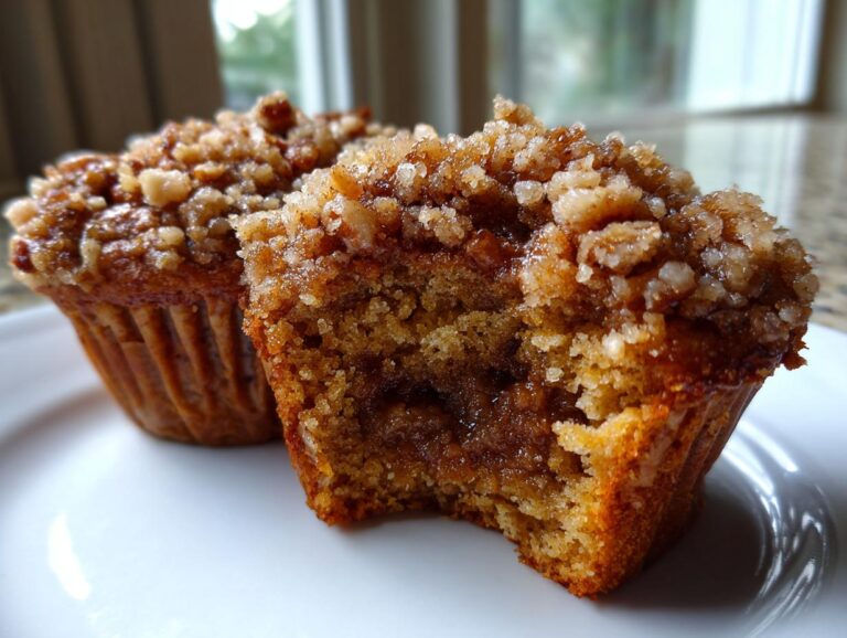 Close-up of a pecan pie muffin cut in half showing the gooey center and crunchy pecan streusel topping.
