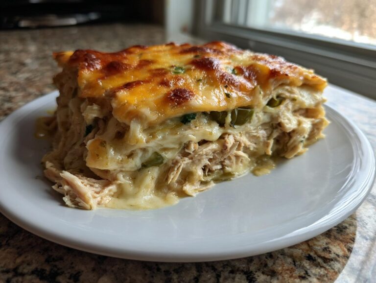 A thick slice of cheesy green chile chicken enchiladas casserole on a white plate.