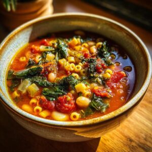 Close-up of a rustic bowl filled with rich, tomato-based minestrone soup featuring kale, white beans, and ditalini pasta.