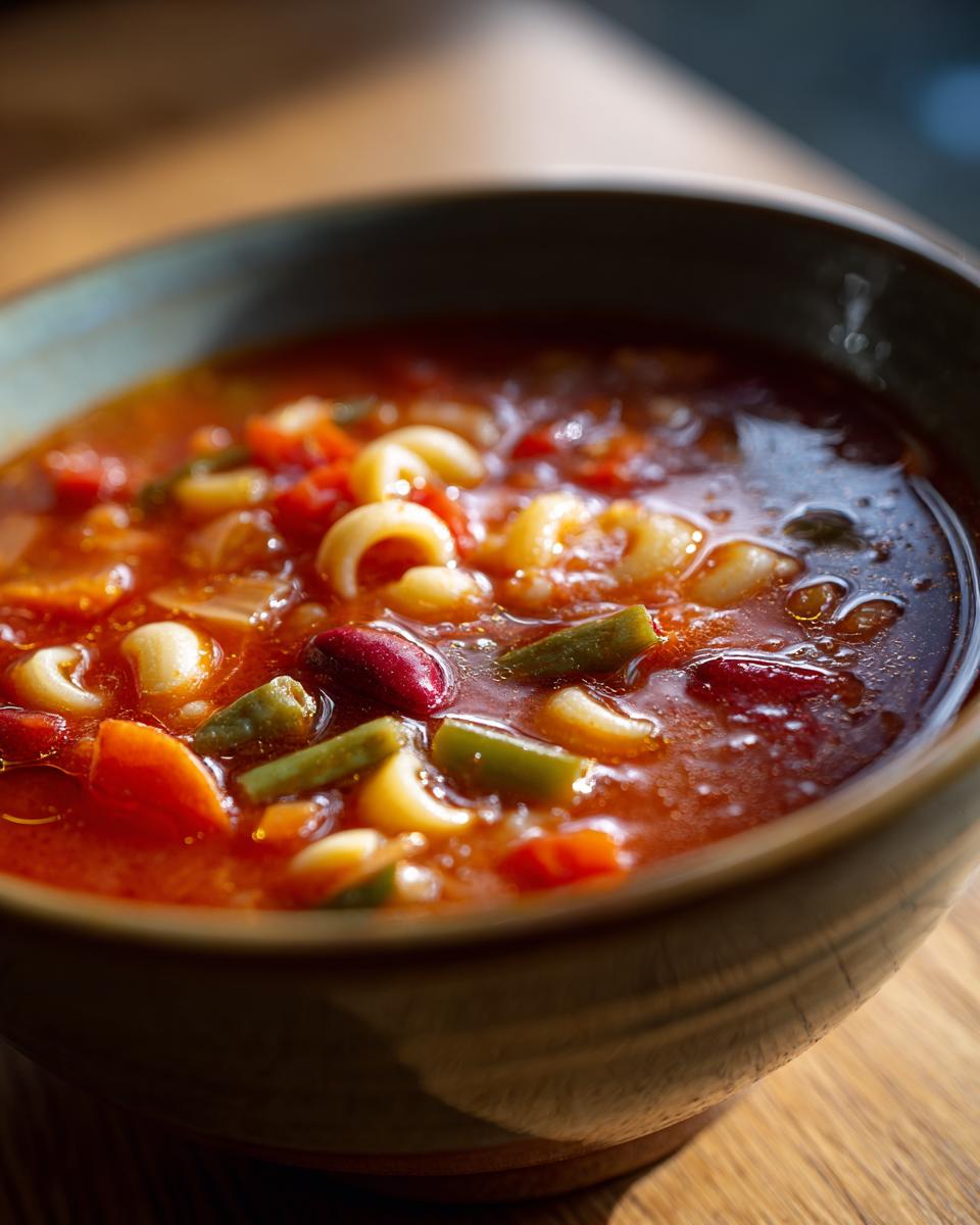 A close-up, warmly lit bowl filled with rich tomato-based minestrone soup featuring pasta, kidney beans, and green beans.