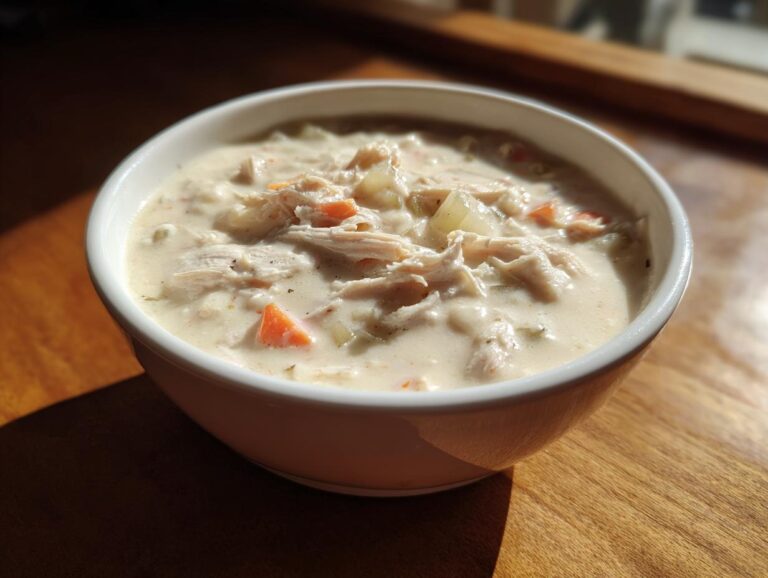 A white bowl filled with rich homemade cream of chicken soup, showing shredded chicken and diced carrots.