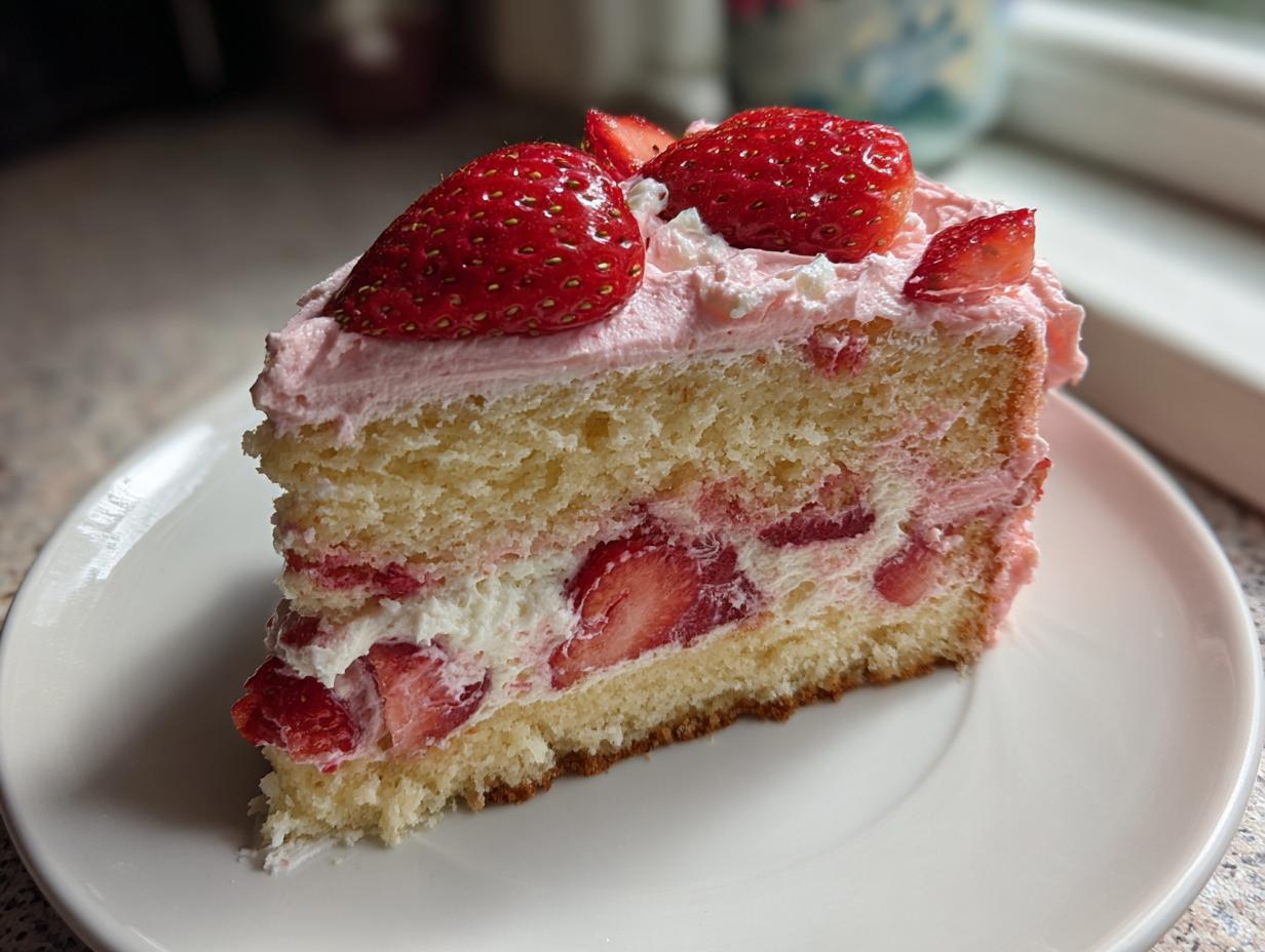 A fluffy slice of homemade strawberry cake layered with cream and fresh strawberries, topped with whole berries.