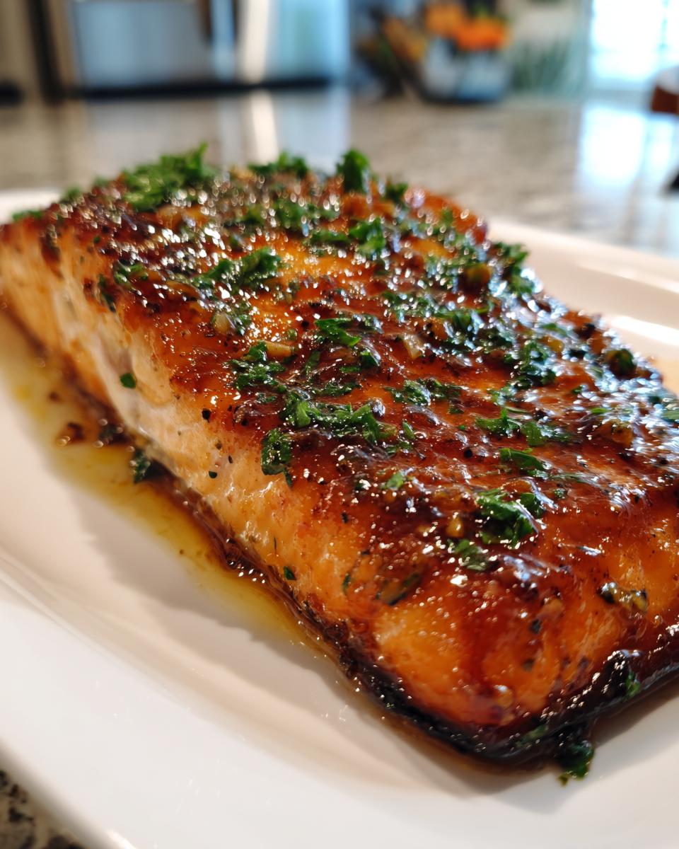 Close-up of a perfectly cooked salmon fillet glazed with honey garlic butter and topped with fresh parsley.