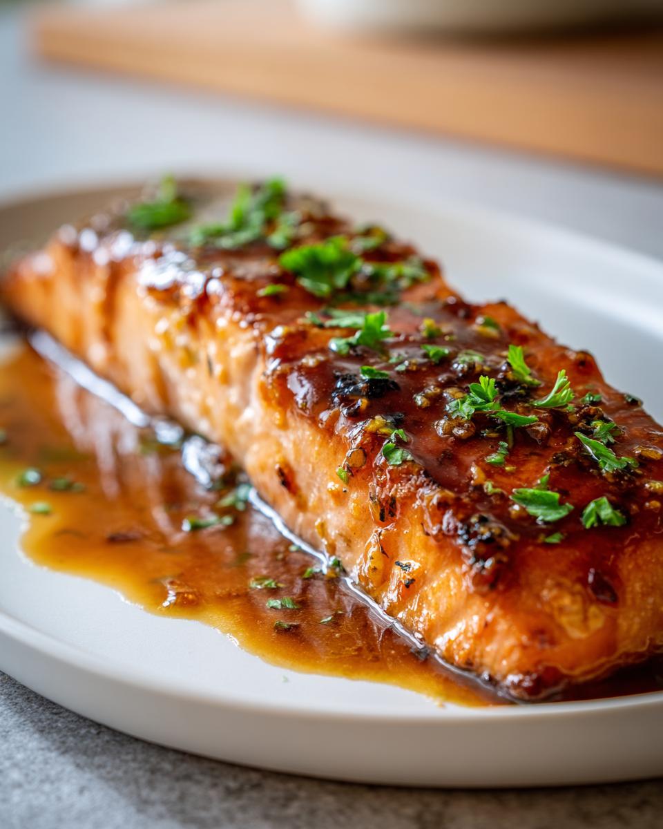 Close-up of a perfectly cooked salmon fillet glazed with honey garlic butter sauce and topped with fresh parsley.