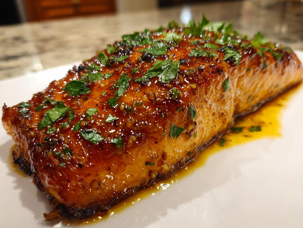 A close-up of a perfectly cooked salmon fillet glazed with honey garlic butter and topped with fresh parsley.