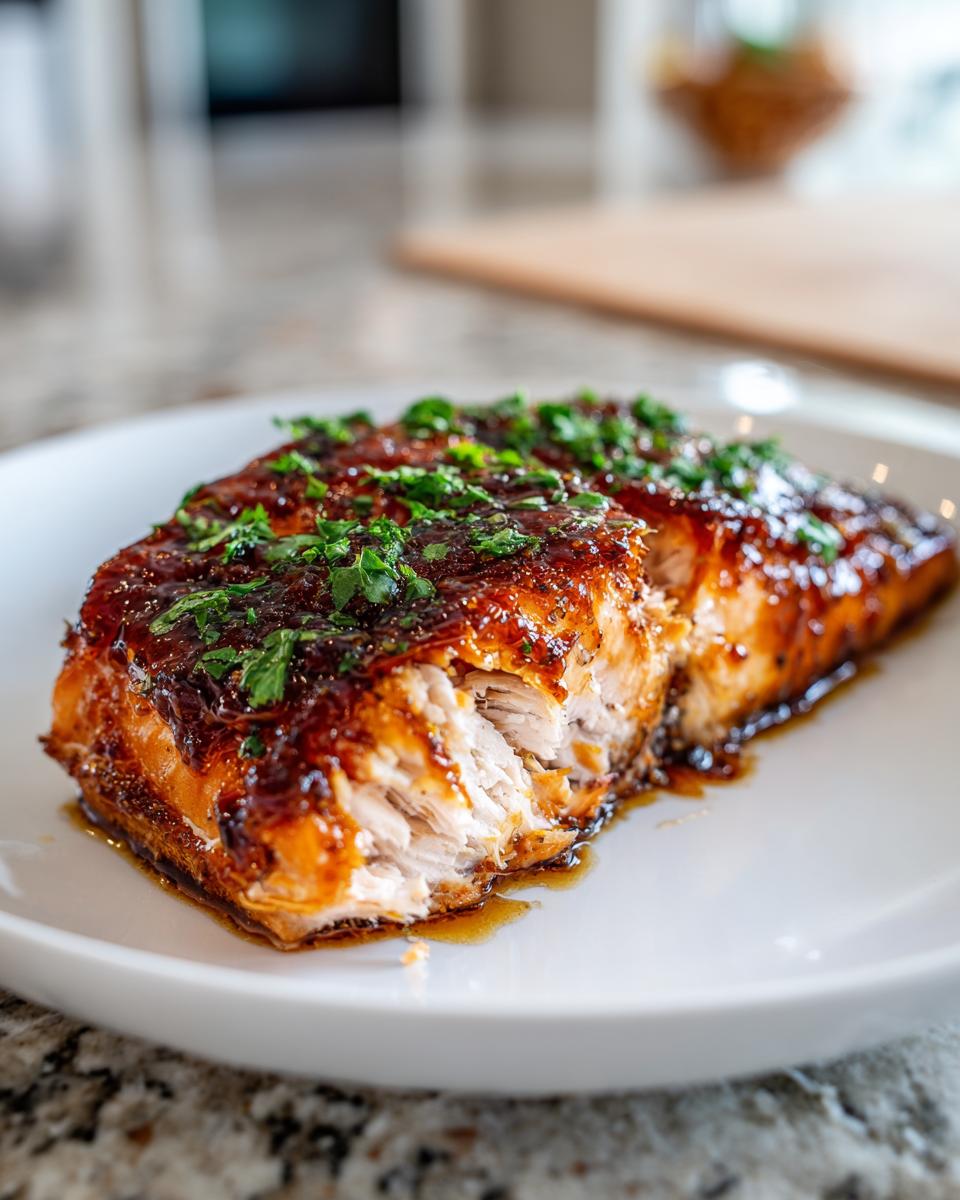 Flaky, cooked salmon glazed with honey garlic butter and topped with fresh parsley.