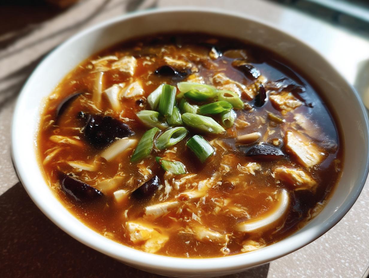 A close-up of a steaming bowl of hot and sour soup recipe, featuring dark broth, tofu, mushrooms, and green onion garnish.