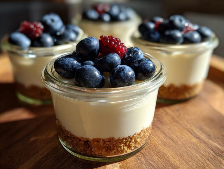 Close-up of individual Protein Cheesecake servings in glass jars topped with fresh blueberries and raspberries.