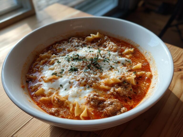A close-up of a white bowl filled with rich Instant Pot Lasagna Soup, topped with ricotta, Parmesan, and parsley.