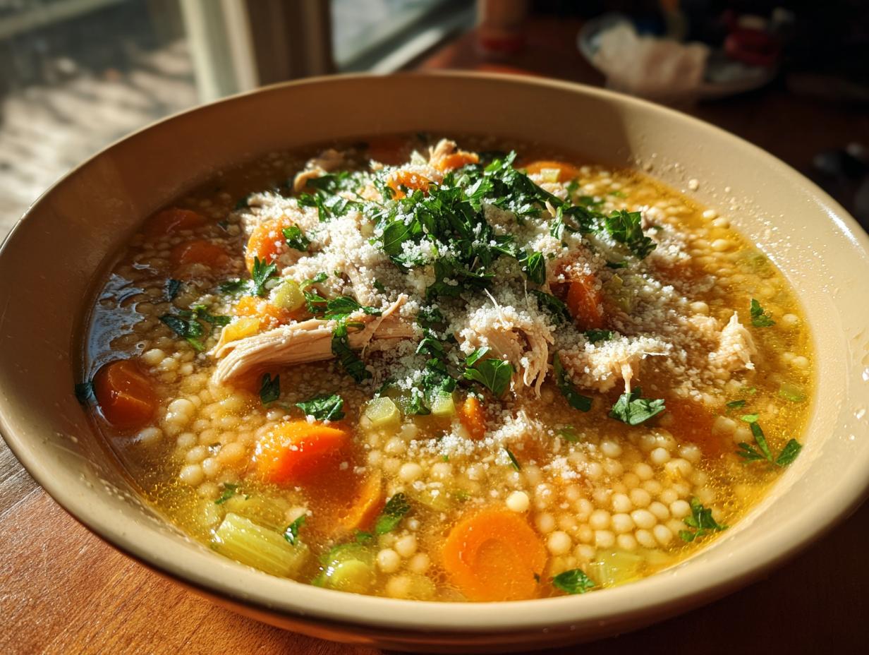 Close-up of a warm bowl of italian penicillin soup featuring acini di pepe pasta, carrots, chicken, and topped with grated Parmesan.
