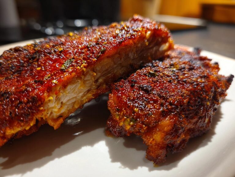 Close-up of juicy air fryer chicken pieces coated in a vibrant red, spicy seasoning rub.