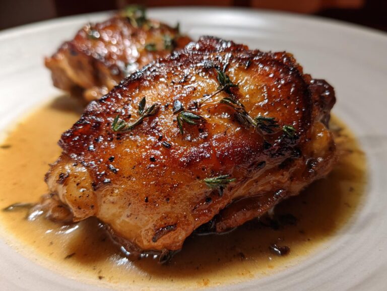 Close-up of perfectly glazed, braised chicken thighs resting in rich sauce, garnished with fresh thyme.
