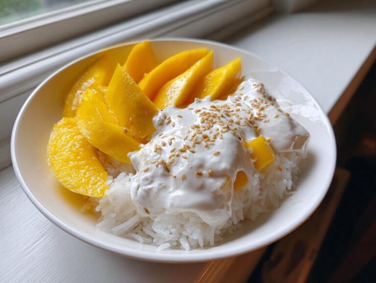 A bowl of vibrant mango sticky rice topped with rich coconut cream and toasted sesame seeds.