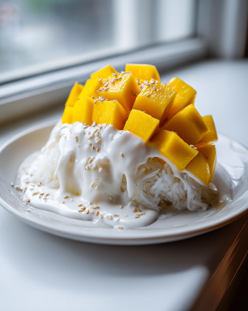 A beautiful serving of mango sticky rice topped with diced mango, rich coconut cream sauce, and sesame seeds.