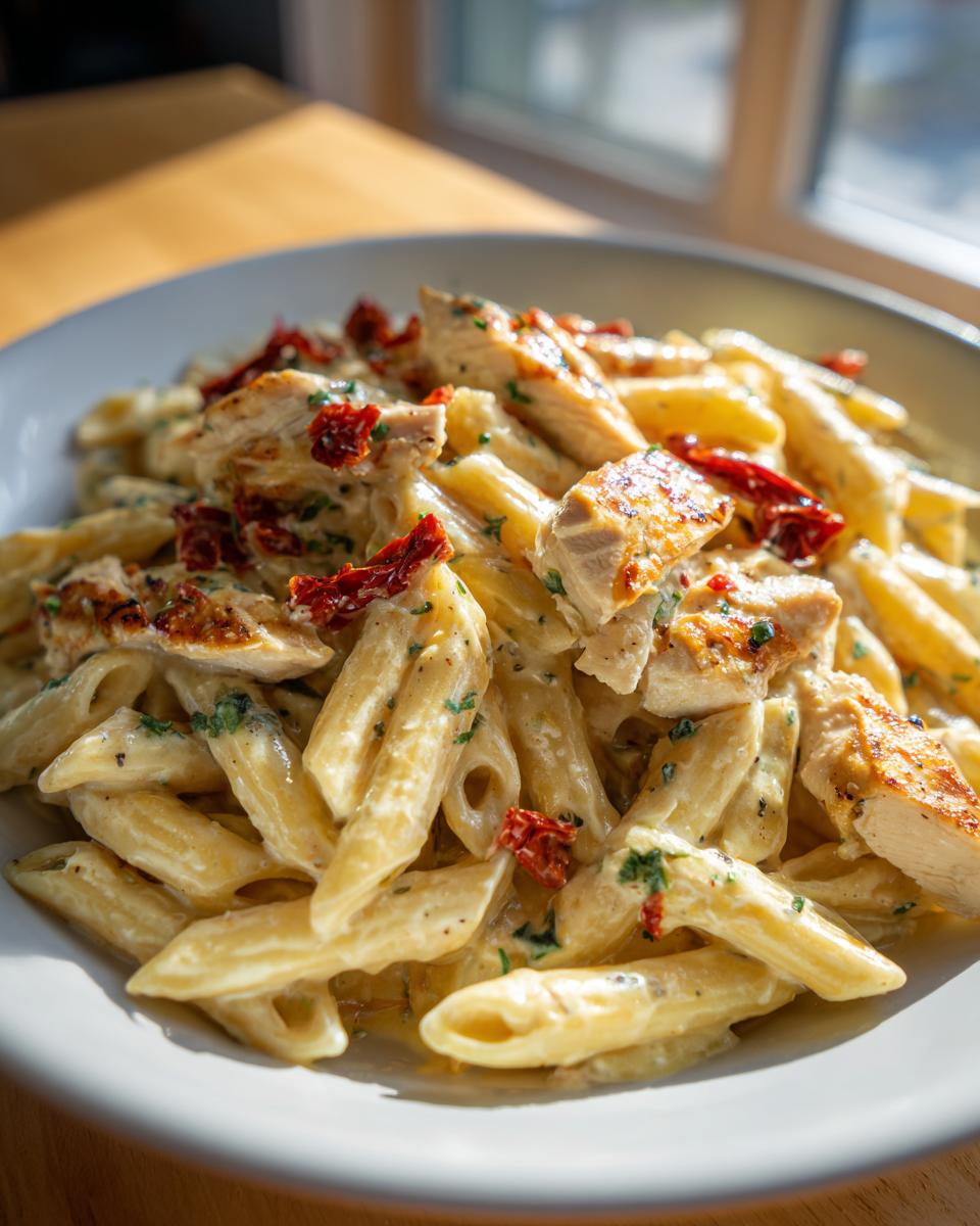 A close-up shot of creamy marry me chicken pasta featuring penne, grilled chicken pieces, and sun-dried tomatoes.
