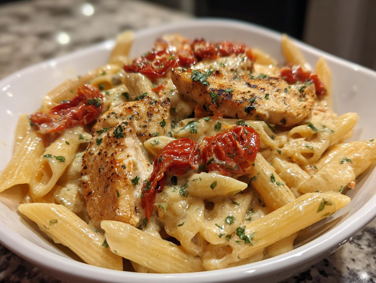 Close-up of a bowl of creamy marry me chicken pasta featuring penne, seared chicken pieces, and sun-dried tomatoes.
