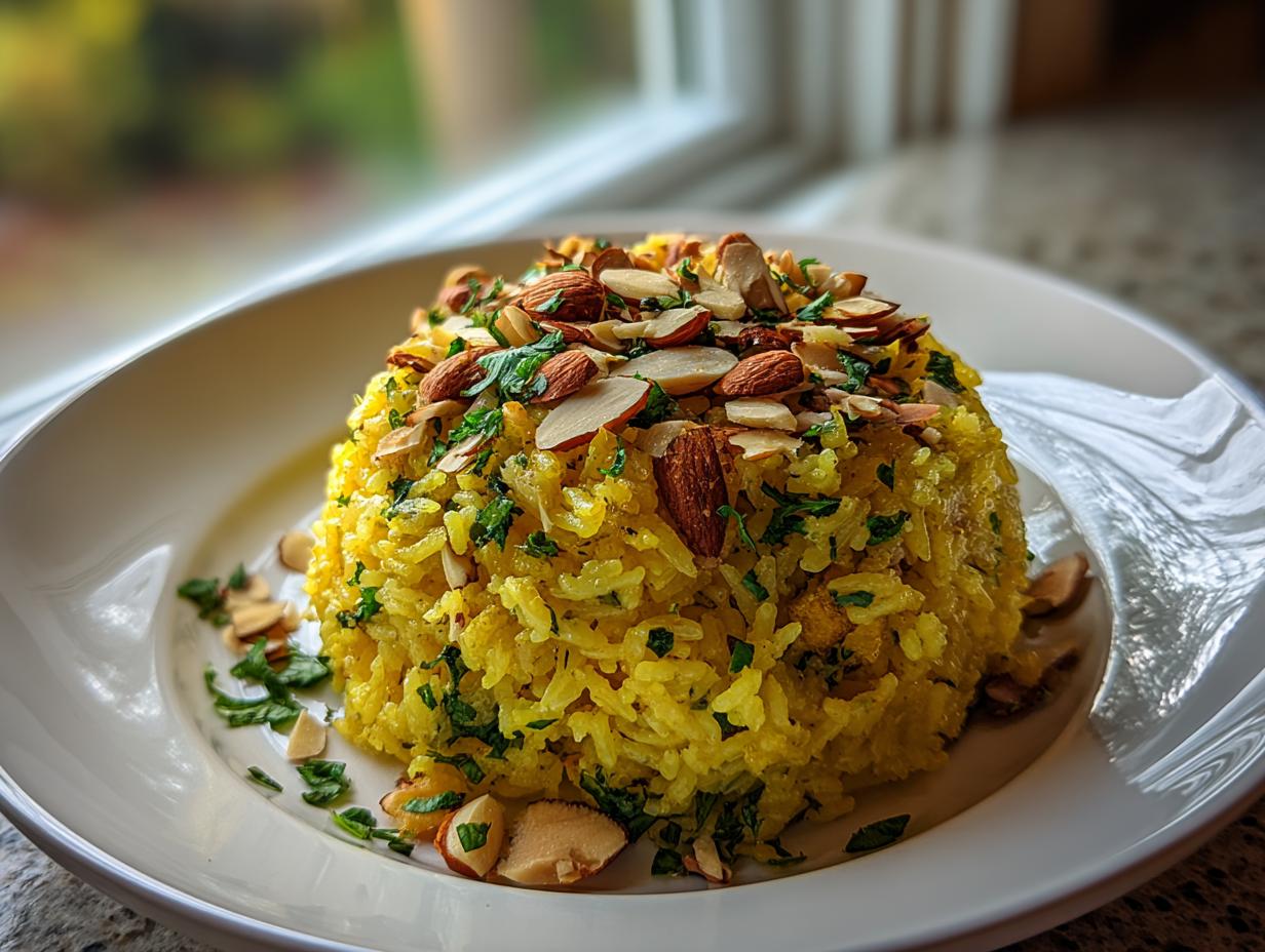 A mound of bright yellow mediterranean rice garnished with sliced almonds and fresh parsley on a white plate.