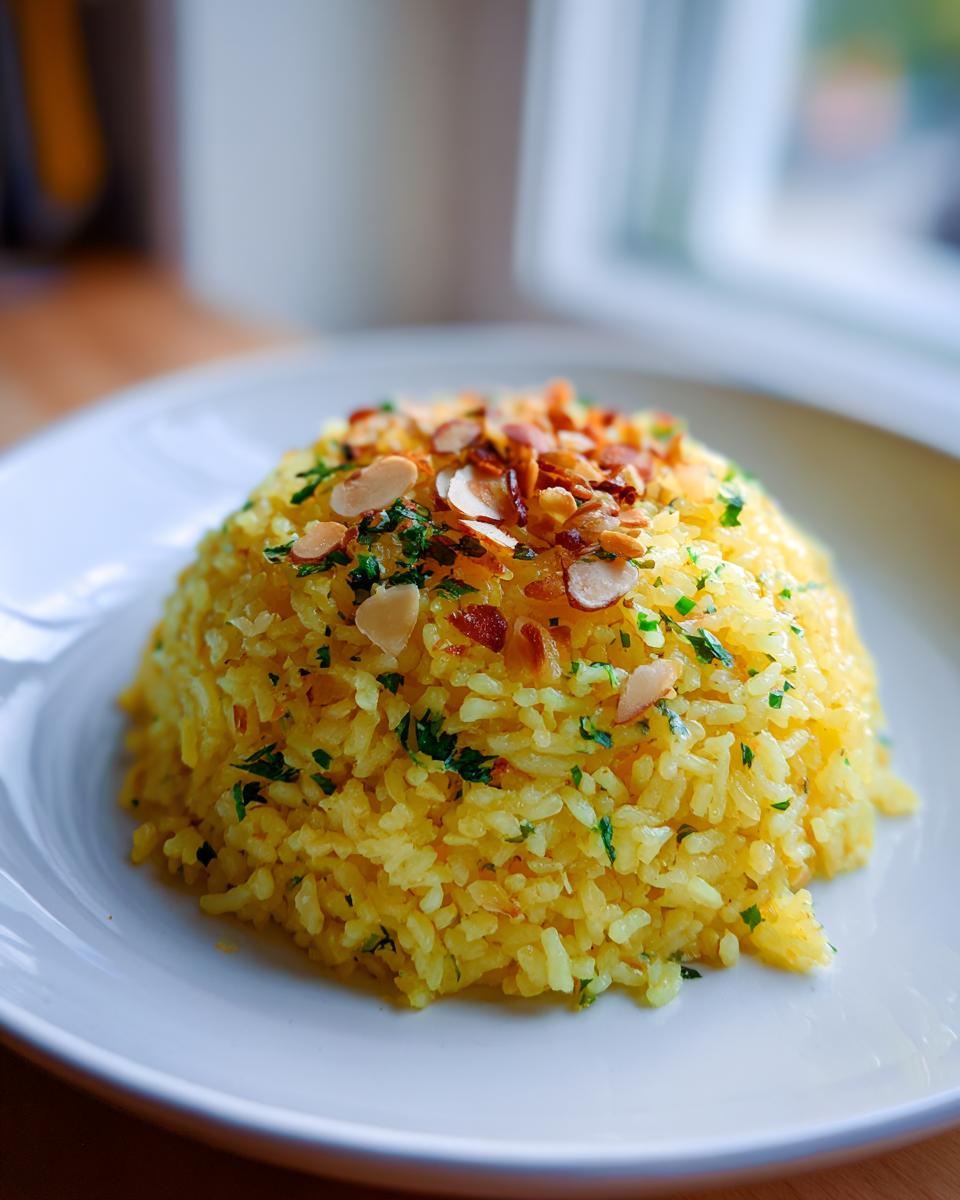 A mound of bright yellow mediterranean rice garnished with chopped parsley and toasted slivered almonds on a white plate.