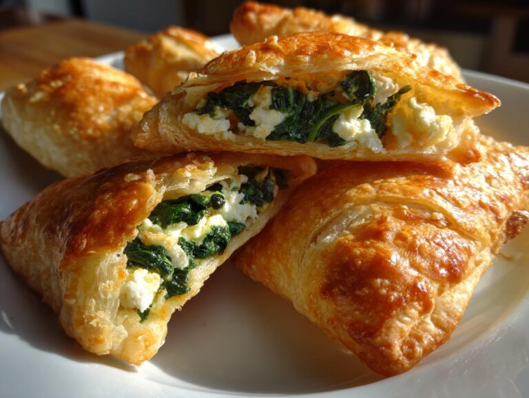 Close-up of golden, flaky Mediterranean Spinach and Feta Cheese Crisps, cut open to show the filling.