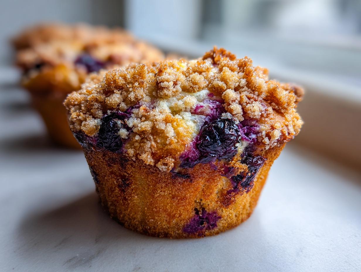 Close-up of a moist blueberry muffin featuring a rich, sugary crumb topping and visible baked blueberries.