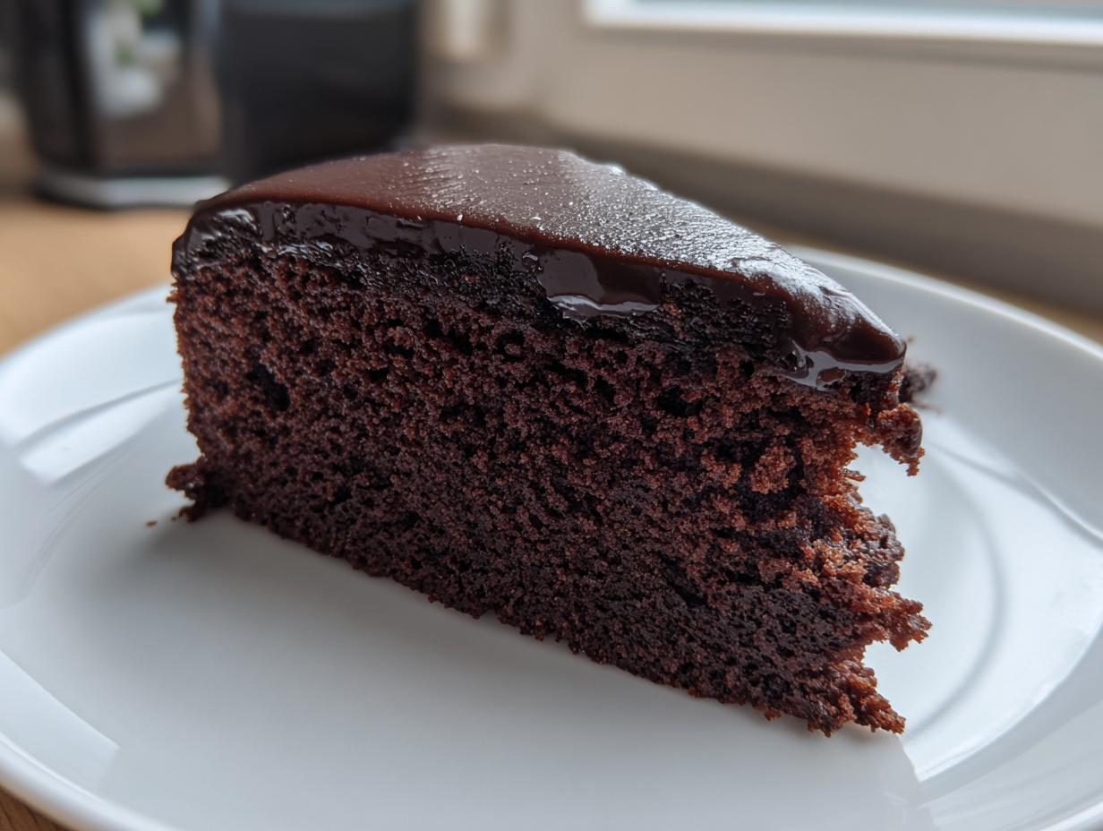 A close-up of a rich, dark slice of chocolate cake recipe topped with glossy chocolate ganache on a white plate.