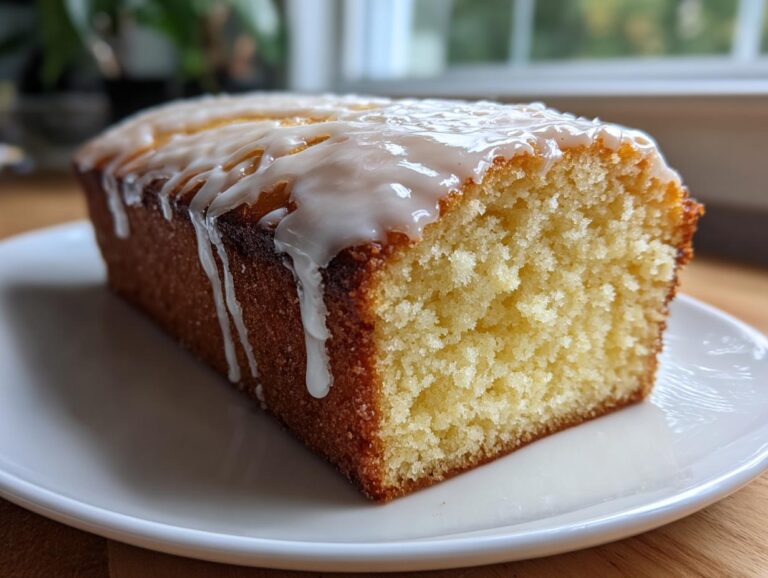 A close-up of a slice of moist cream cheese pound cake with a thick white glaze dripping down the sides.