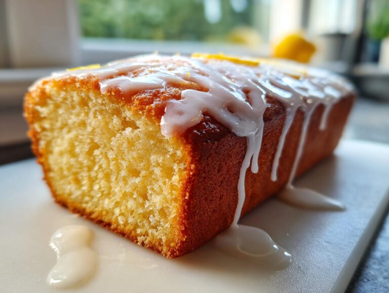 A close-up of a freshly baked lemon loaf cake topped with thick, white lemon glaze icing dripping down the sides.