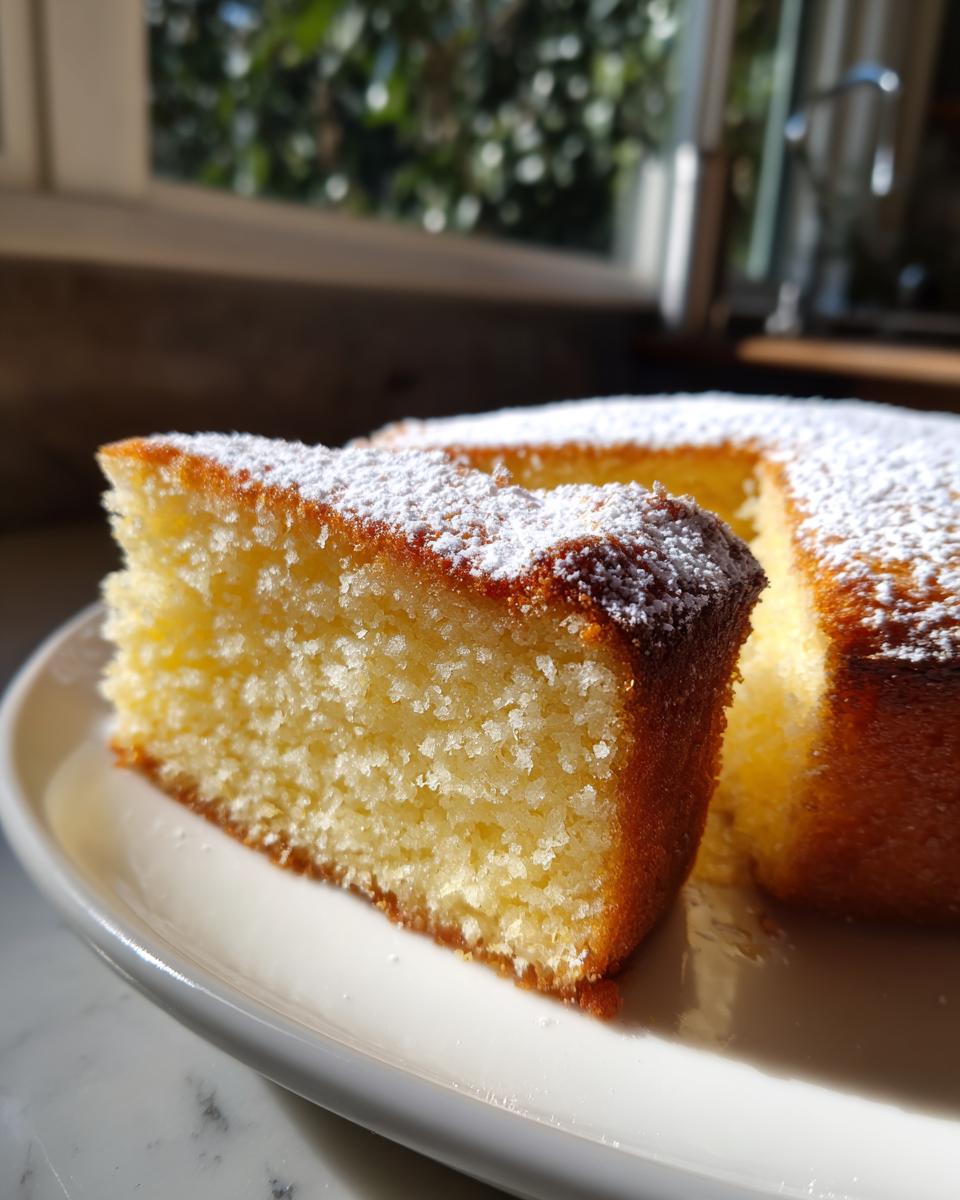 A close-up of a slice of moist olive oil cake dusted with powdered sugar, sitting on a white plate near a sunny window.