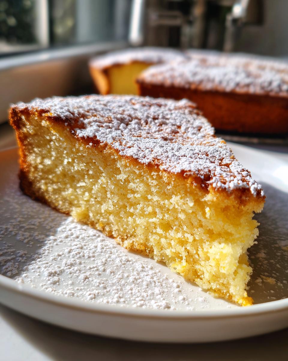 Close-up of a moist slice of olive oil cake dusted with powdered sugar on a white plate.