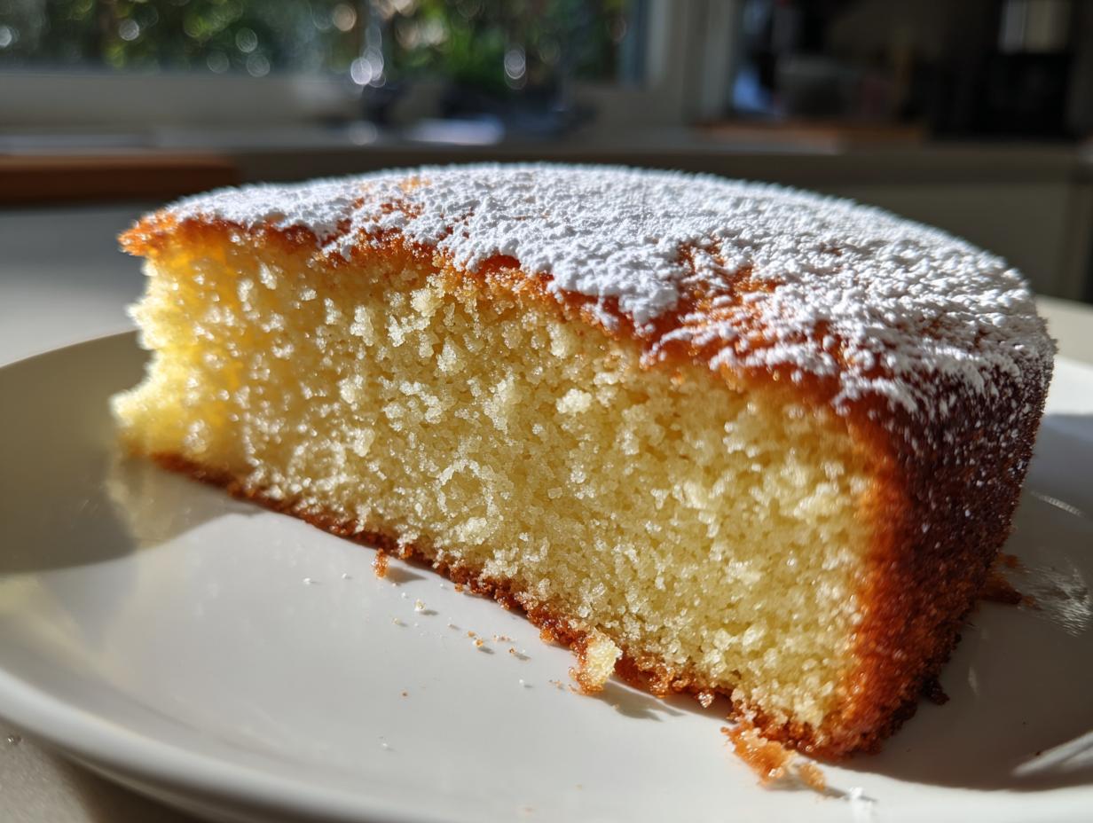 Close-up of a moist slice of olive oil cake dusted with powdered sugar, sitting on a white plate.