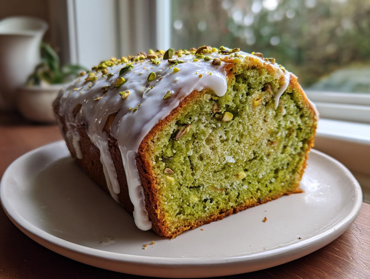 A slice of vibrant green pistachio bread topped with white glaze and chopped pistachios, sitting on a white plate.