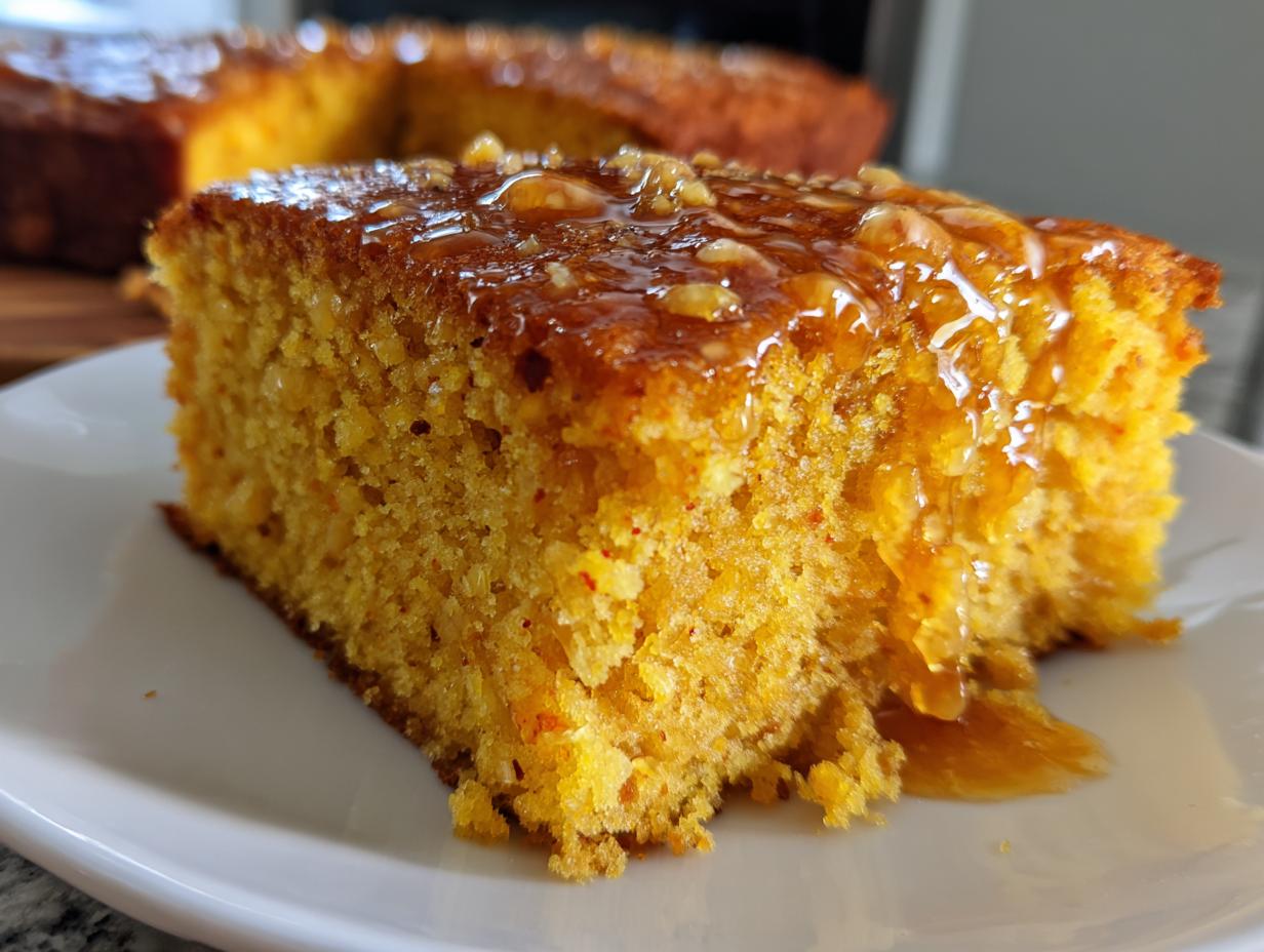 Close-up of a moist slice of sweet potato cornbread topped with a glistening honey or maple glaze and nuts.
