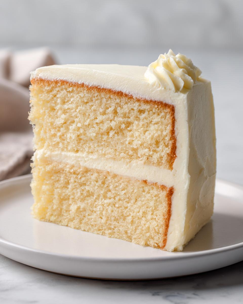 A perfect slice of moist vanilla cake recipe, featuring two layers and white buttercream frosting.