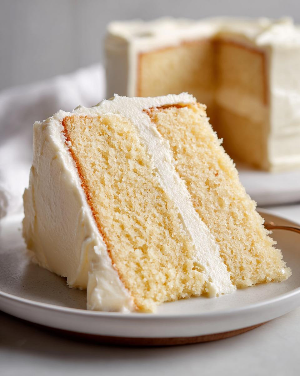 Close-up of a moist slice of vanilla cake recipe layered with white frosting on a plate.