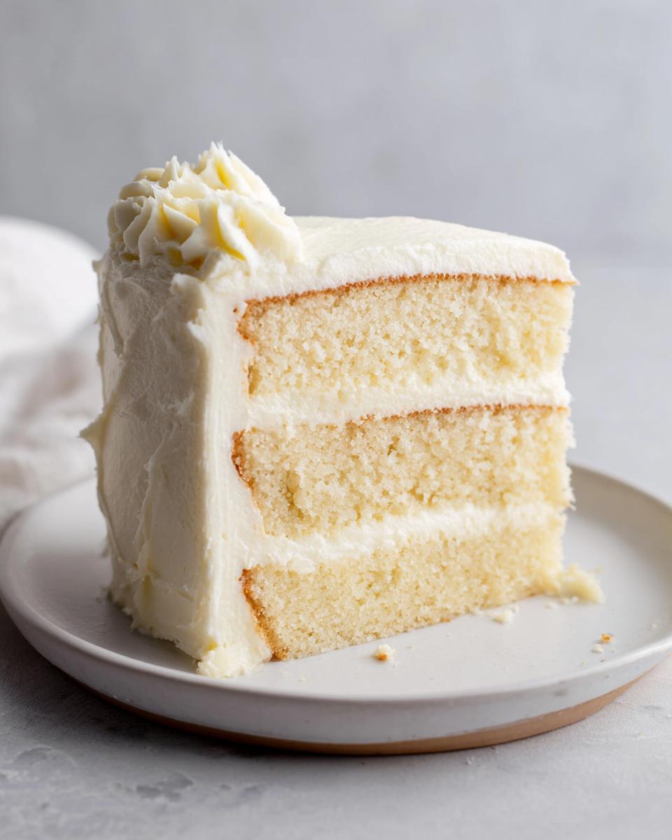 Close-up of a moist, two-layer vanilla cake recipe slice with thick white buttercream frosting.