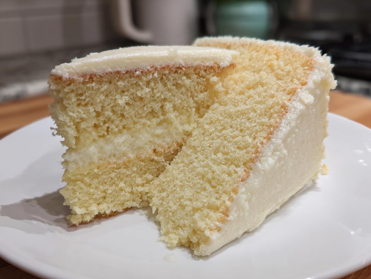 Two slices of moist vanilla cake recipe with white frosting and filling on a white plate.