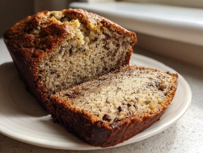 Close-up of a moist slice cut from a loaf of vegan banana bread, showing chocolate flecks.