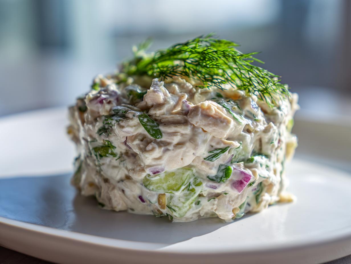 A molded serving of creamy cottage cheese chicken salad mixed with red onion and herbs, topped with fresh dill.