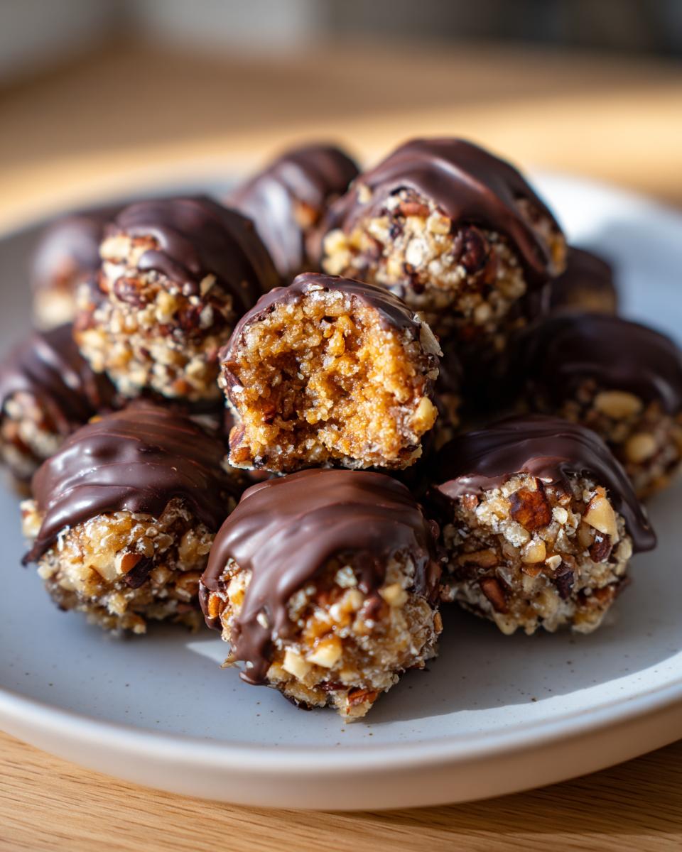 A pile of no-bake pecan pie balls coated in chopped nuts and drizzled with dark chocolate, one is bitten open.