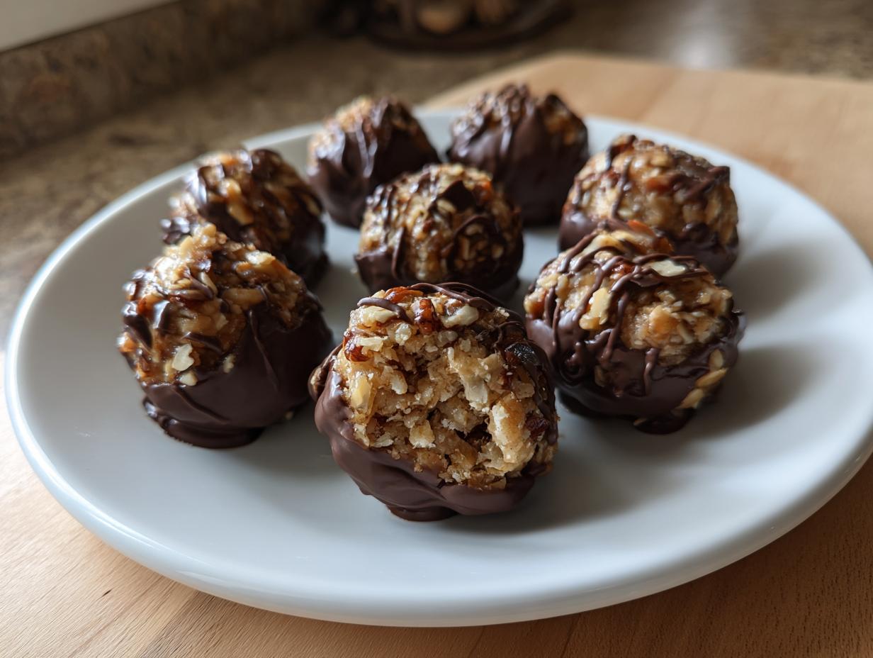 A plate of homemade pecan pie balls, partially dipped in dark chocolate and drizzled with more chocolate.