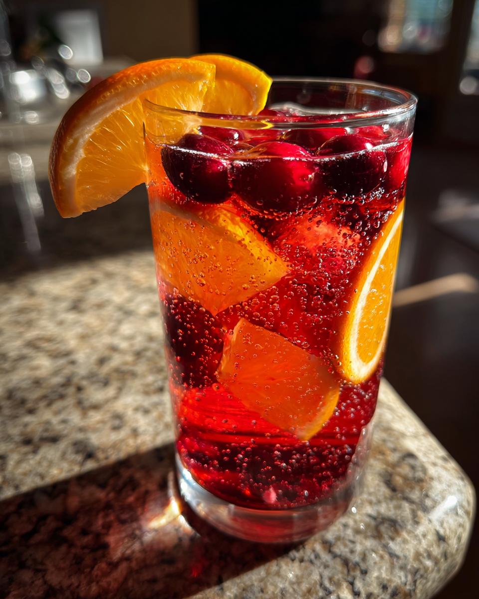 Close-up of a tall glass filled with bright red non-alcoholic christmas punch, garnished with fresh cranberries and orange slices.