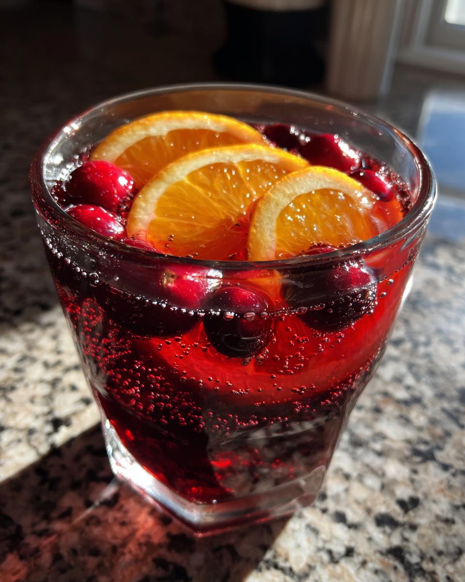 Close-up of a glass filled with sparkling non-alcoholic christmas punch garnished with orange slices and fresh cranberries.