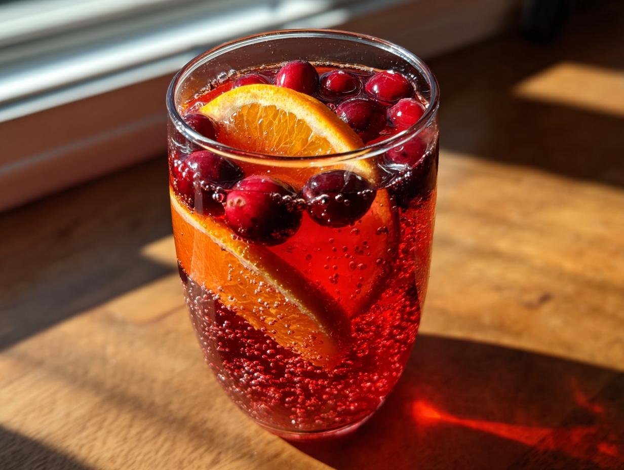 A tall glass filled with sparkling red non-alcoholic christmas punch, garnished with orange slices and fresh cranberries.