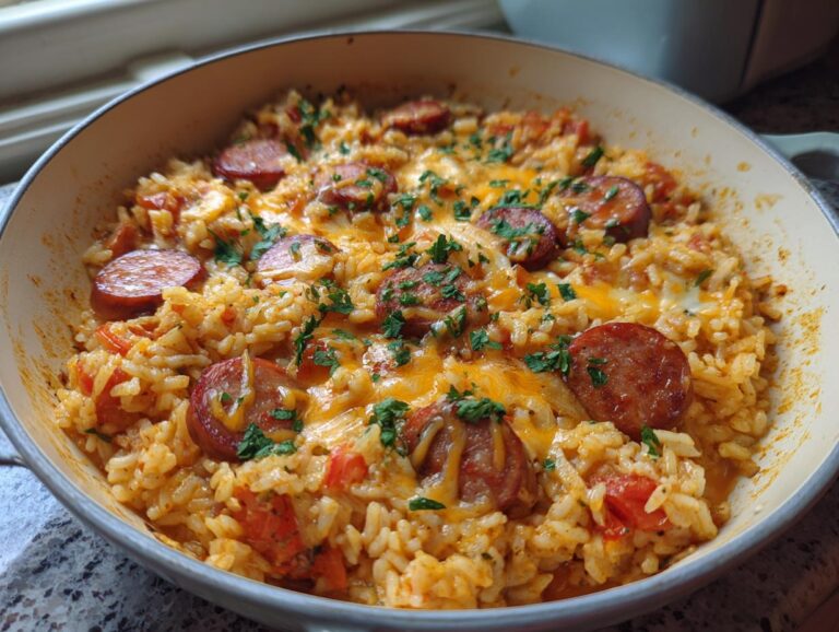 A close-up of a skillet filled with cheesy sausage and rice, topped with fresh parsley.