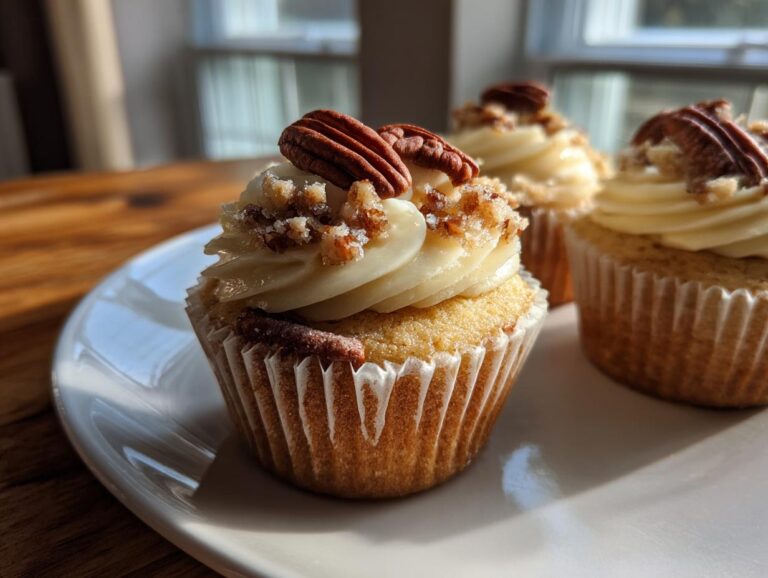 Three delicious pecan pie cupcakes topped with creamy frosting, chopped pecans, and a whole pecan half.
