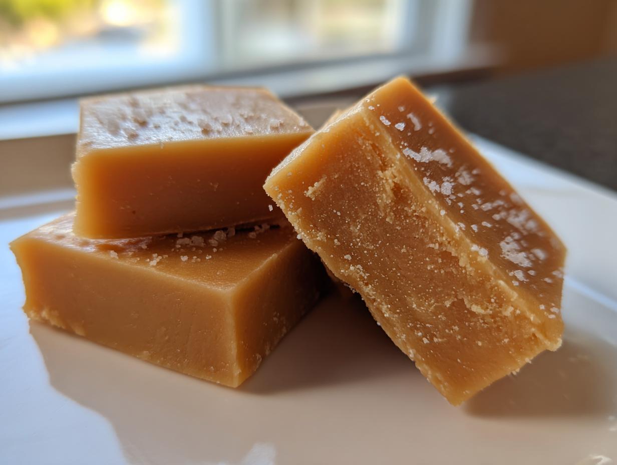 Three squares of rich, brown penuche fudge sprinkled with coarse sea salt on a white plate.