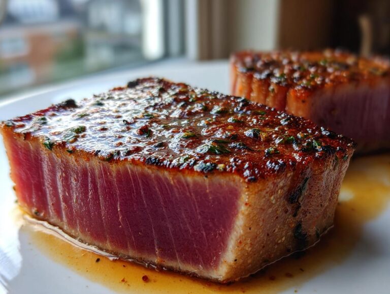 Close-up of a perfectly seared tuna steak showing a deep red interior and a glossy, herbed crust.